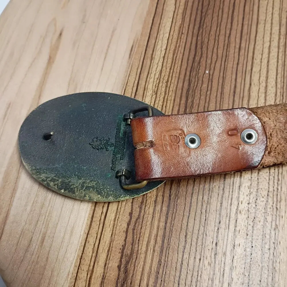 Oh Boy! Oberto Beef Jerky Belt Brass Buckle Eagle Tooled Leather Belt Size 40